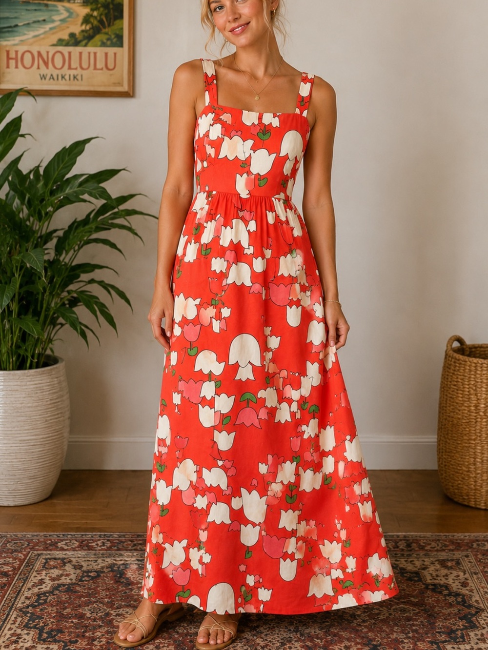 Malia Honolulu Vintage 1960s 1970s Tulip Print Maxi Dress Size 4 39234